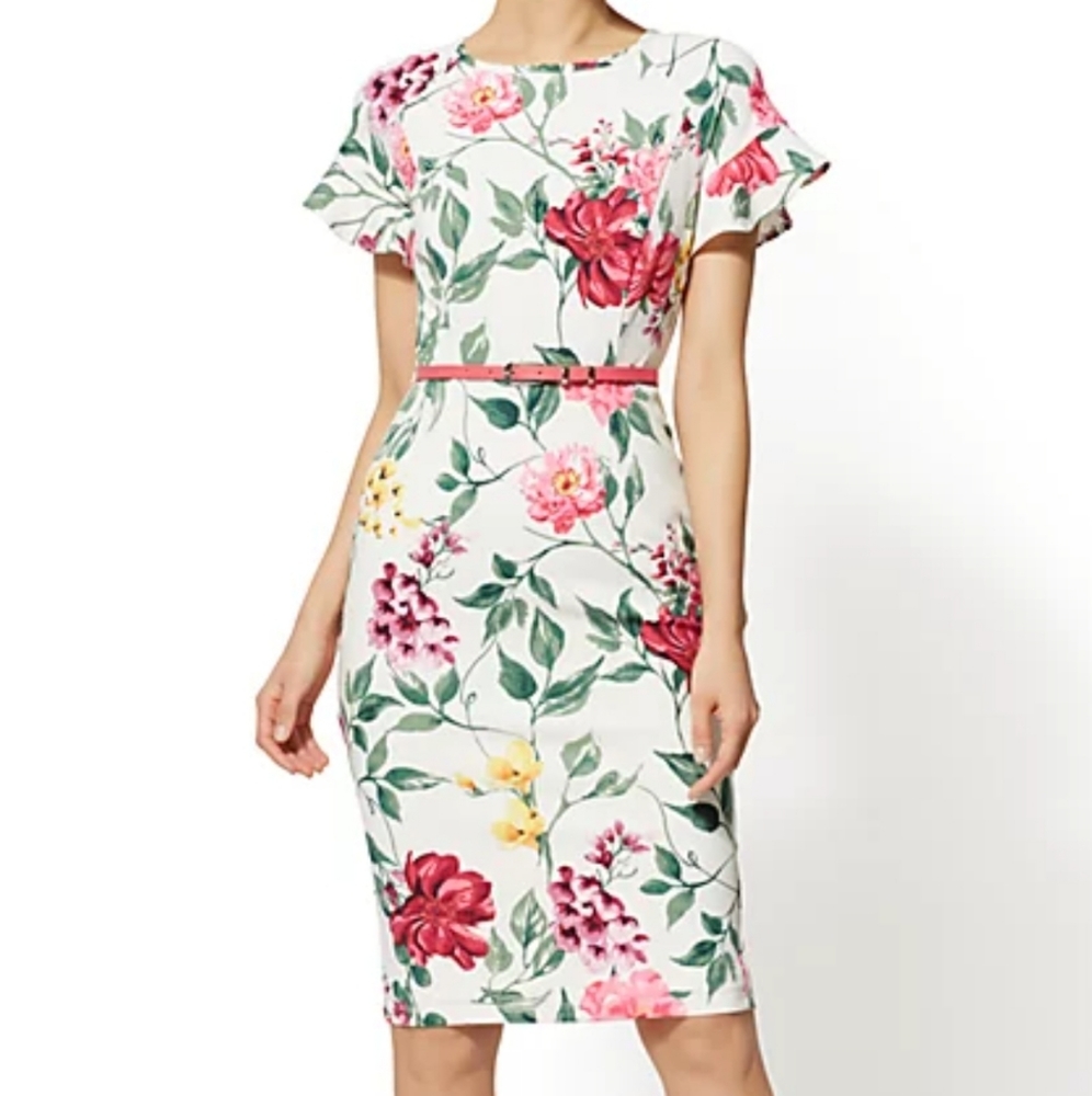WHITE FLORAL RUFFLED SHEATH DRESS